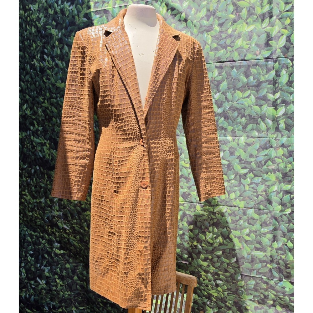 Selene Sport Croc Embossed Duster Coat Brown Long Jacket Women's M Y2K